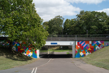 View of cycling lanes and mural in Stevenage, England, UK © A.S.Graham