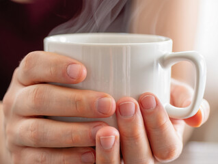 Person holding a steaming white mug of hot beverage