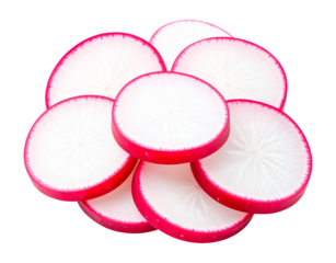 Freshly sliced radish rounds with vibrant pink edges isolated on transparent background
