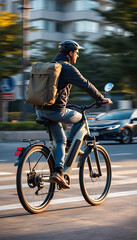 A person rides an electric bicycle on the road, with a large backpack. The person is wearing a helmet and looks confident while navigating urban traffic.