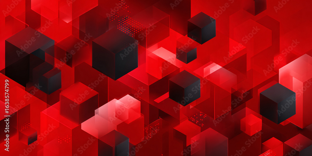 Wall mural abstract geometric background with cubes. red square figures on dark background. banner. 3d. glow.