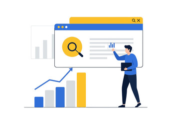 Man analyzing business data with charts and graphs on a computer screen, isolated on white background
