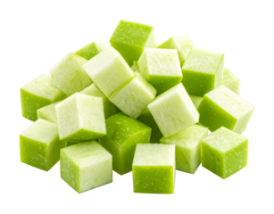 Pile of freshly cut green apple cubes isolated on transparent background
