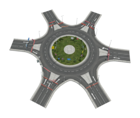 Traffic flow dynamics at a modern roundabout urban area aerial infrastructure transportation planning. Cut out png
