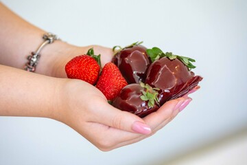 Obraz premium The most perfect sweet in the world, the iconic dessert strawberry of love on a stick, fresh strawberry, powdered milk brigadeiro and red caramel topping. Morango do amor