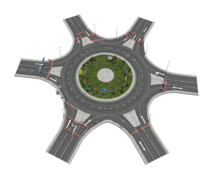 Traffic flow dynamics at a modern roundabout urban area aerial infrastructure transportation planning. Cut out png