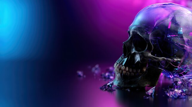 Digital glitch art skull on left edge  abstract design - Powered by Adobe