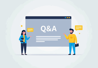 Fototapeta premium Two people standing in front of a large screen displaying qa, representing a question and answer session or frequently asked questions