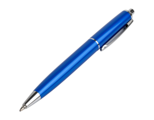 A sleek metallic blue ballpoint pen with a silver clip isolated on transparent background