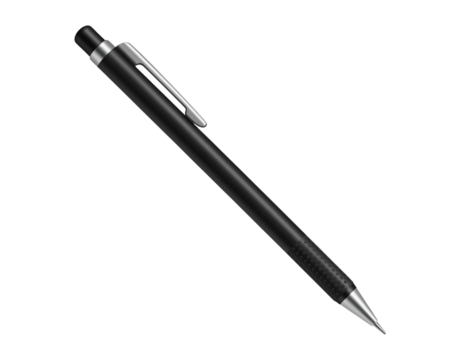 A sleek black mechanical pencil with a silver clip isolated on transparent background