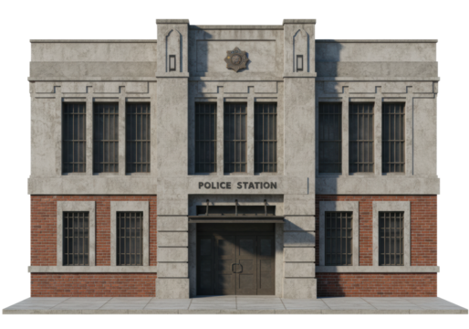 Police station exterior urban setting architectural daylight front law enforcement concept. Cut out png