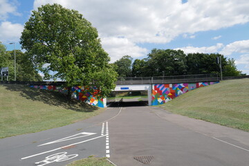 View of cycling lanes and mural in Stevenage, England, UK