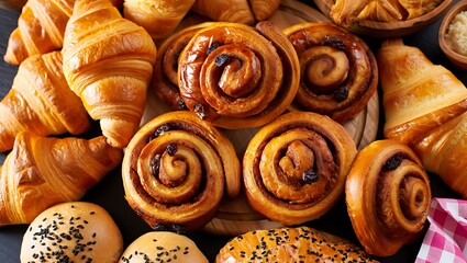 Fototapeta premium Assortment of freshly baked croissants and cinnamon rolls