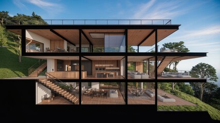 Fototapeta premium A modern, multi-level house with open spaces, large windows, and a blend of wood and glass, set against a lush green hillside.