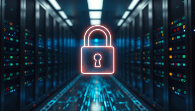 Data security and protection concept represented by illuminated lock in a server room - Powered by Adobe