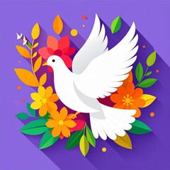 Fototapeta premium Minimalist illustration of a white dove holding two arrows surrounded by vibrant flowers and foliage