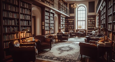 Grand Library Interior: Leather Armchairs, Bookshelves, and Natural Light