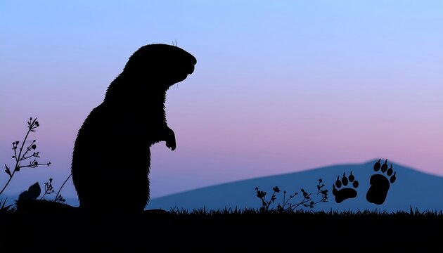 Silhouette of a prairie dog and bear tracks against a sunrise landscape.