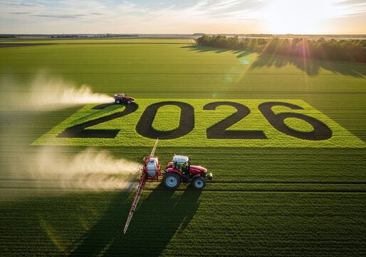 Aerial view of Tractors Spraying Crops in Field with year 2026 Agricultural Innovation and Sustainable Farming Practices - Powered by Adobe