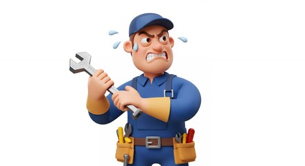 Angry cartoon repairman with wrench