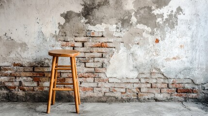 Rustic wooden stool against weathered brick wall