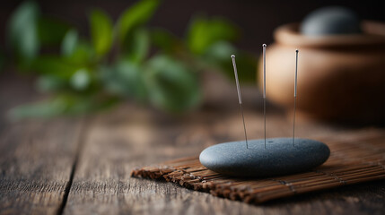 Acupuncture needles in stone on wooden background for natural therapy concept