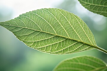 Obraz premium Close-Up Macro Photo of Green Leaf Texture and Veins Against a Pale Green Background