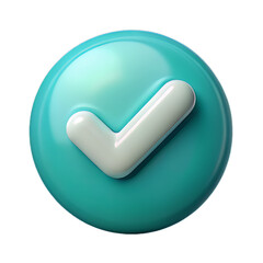 Teal 3D Plastic Tick Icon in Circular Bubble with Smooth Sheen