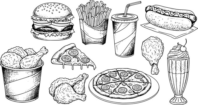 Fast food and snacks icons set. Collection of simple line art icons representing various Fast food and snacks items burger, hot dog, pizza etc vector. Icon illustration isolated on white background