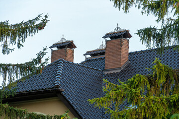 Beautiful traditional roof with ornate chimney designs under a clear sky