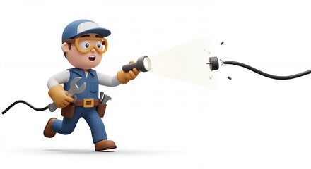 Cartoon electrician running with flashlight and unplugging cord illustration