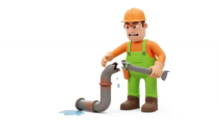 Cartoon plumber struggling with leaking pipe