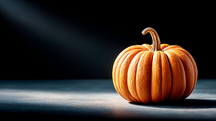 Minimalistic Halloween composition with one pumpkin isolated on black background