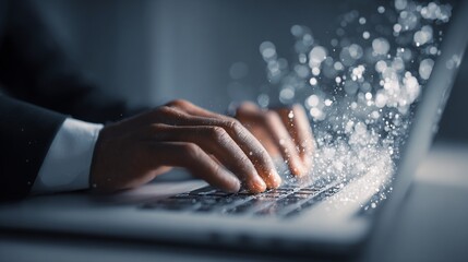 Person Typing Code on Laptop with Glowing Effects Indicating Digital Transformation.