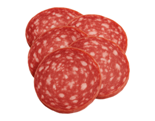 Several slices of spicy salami meat product isolated on transparent background