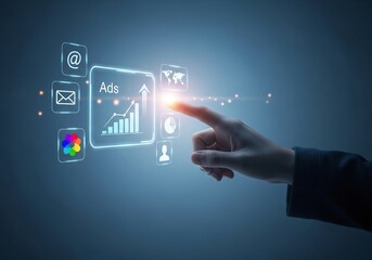 Fototapeta premium Digital marketing strategy concept with human hand touching virtual interface showing growth chart and ads icon representing targeted advertising campaigns