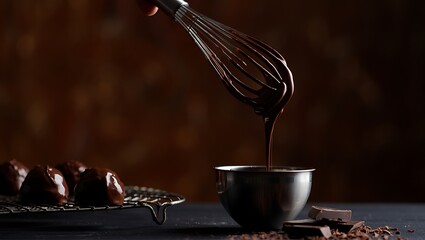 Fototapeta premium Whisking rich dark chocolate sauce over a small dark bowl with cakes in background