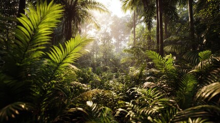 Fototapeta premium Sunlit Tropical Jungle Path, Lush Foliage, Sunrise, Background, Travel