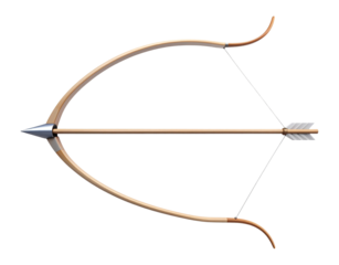 Traditional wooden recurve bow and arrow ready to fire isolated on transparent background