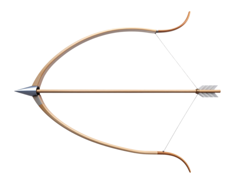 Traditional wooden recurve bow and arrow ready to fire isolated on transparent background