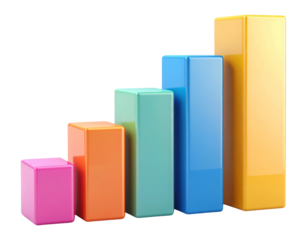 Colorful geometric blocks arranged in a rising bar graph on a transparent background isolated on transparent background