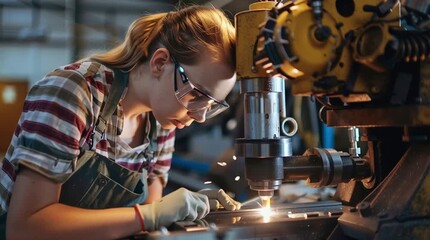 Young woman operates machinery in industrial workshop for skill development