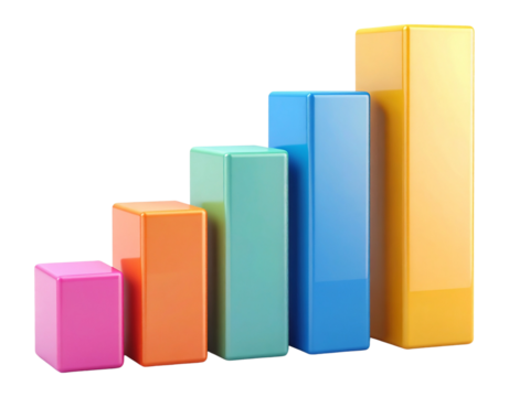 Colorful geometric blocks arranged in a rising bar graph on a transparent background isolated on transparent background
