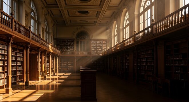 Interior view of a grand library with sunlight streaming through large arched windows and book shelves - Powered by Adobe