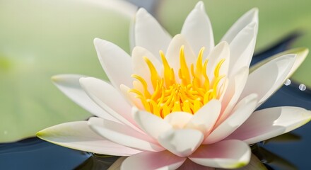 Close up of a white water lily flower with yellow center and green lily pad in the background