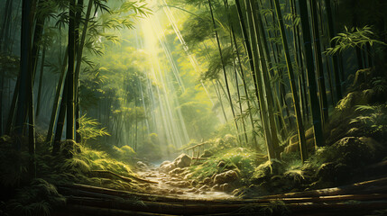 Obraz premium A serene bamboo forest bathed in sunlight, with rays filtering through the trees, creating a tranquil and peaceful atmosphere