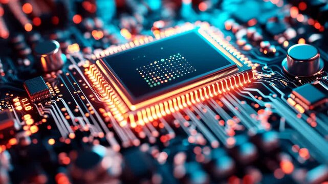 A stunning close up of a radiant microprocessor showcases its complex circuitry and vibrant lights on a dark motherboard, illuminated beautifully in a mysterious setting. - Powered by Adobe