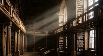 Fototapeta premium Interior view of a large library with wooden bookshelves and sunlight streaming through the windows