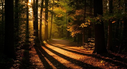 Sunlight streams through the trees casting long shadows on a path in a dense forest landscape view