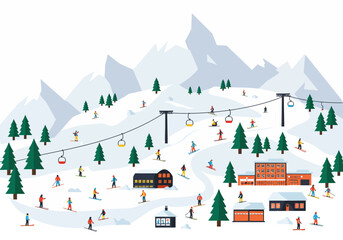Ski Resort Winter Scene with Skiers Chairlift and Mountain Landscape.